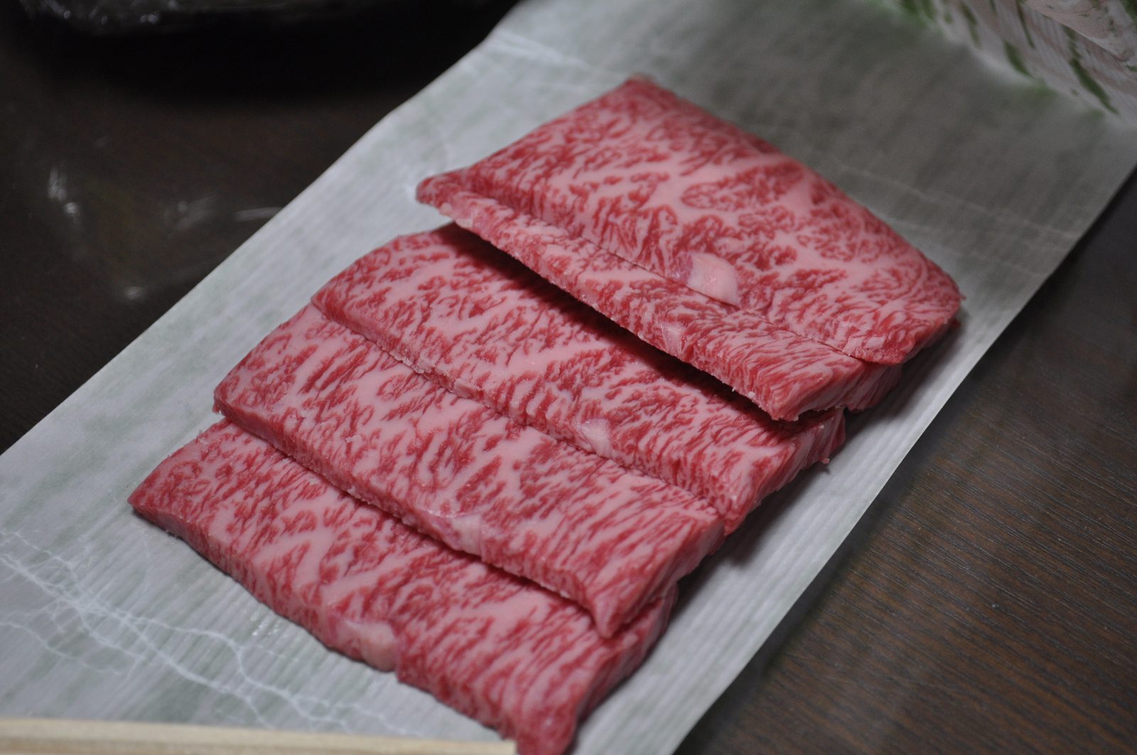 Four slices of heavily marbled Matsusaka wagyu